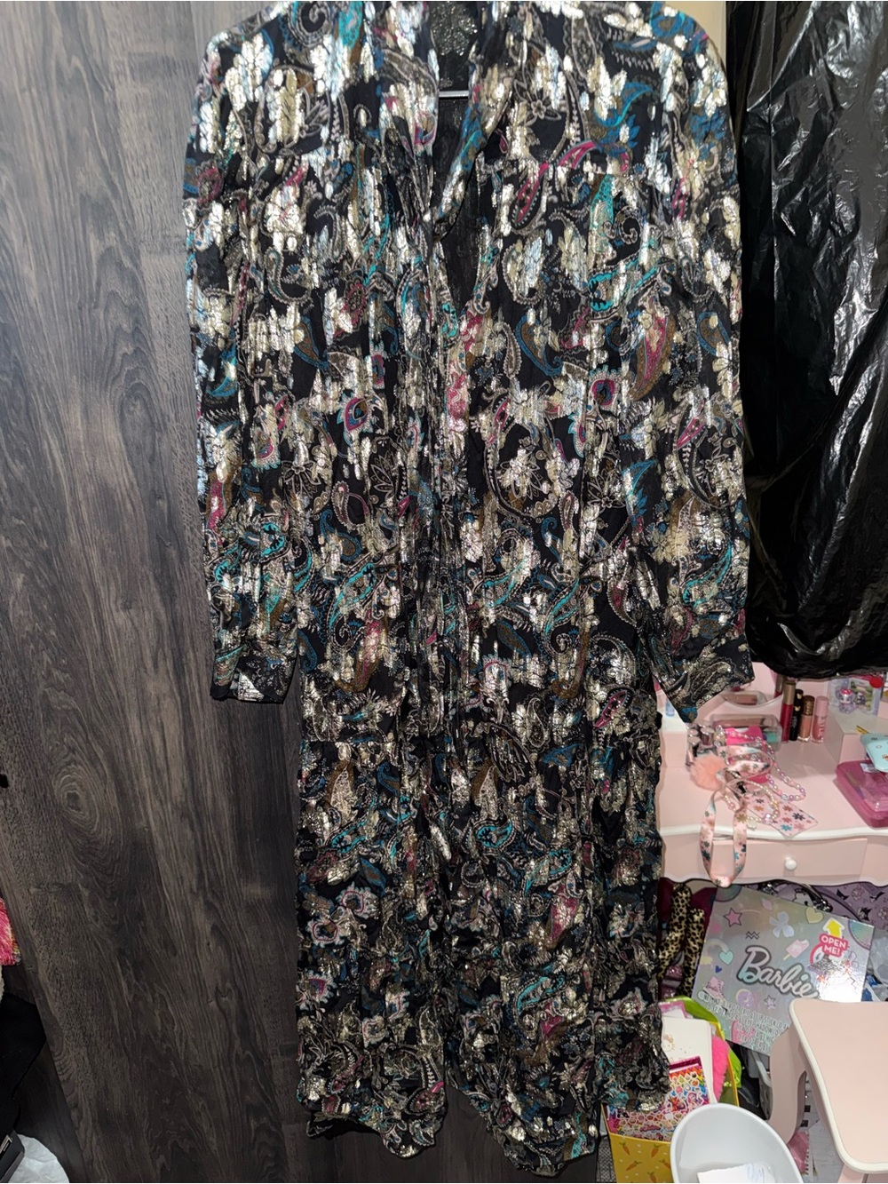 Zara Black Metallic Paisley Maxi Dress with Teal & Gold Accents